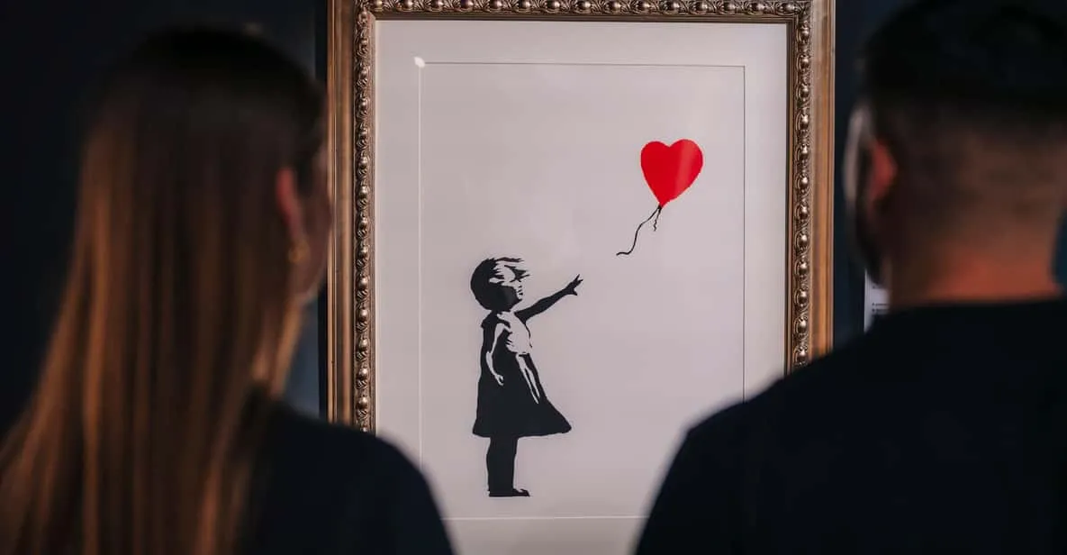 Reproduced Banksy street-art stencils on gallery walls, one of the museums in Barcelona, Spain