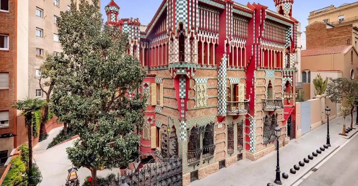Tiled Moorish-style façade of Casa Vicens, an early Gaudí house among the museums in Barcelona, Spain