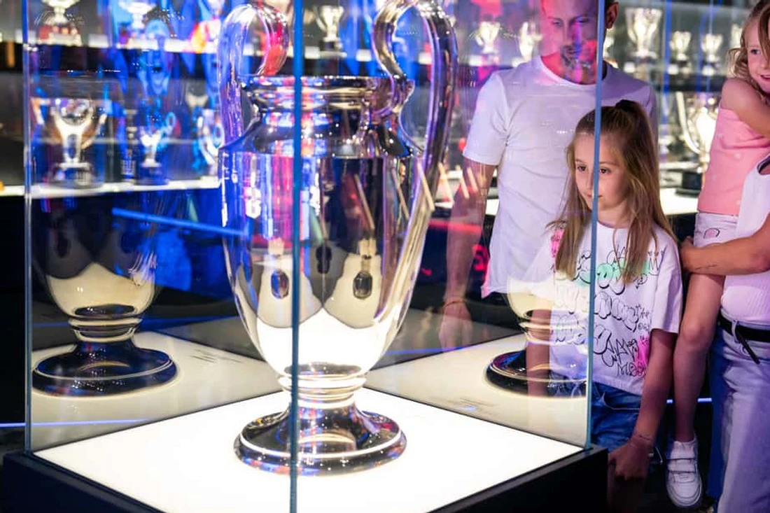 Trophies and stadium displays at the FC Barcelona Museum, among the most-visited museums in Barcelona, Spain