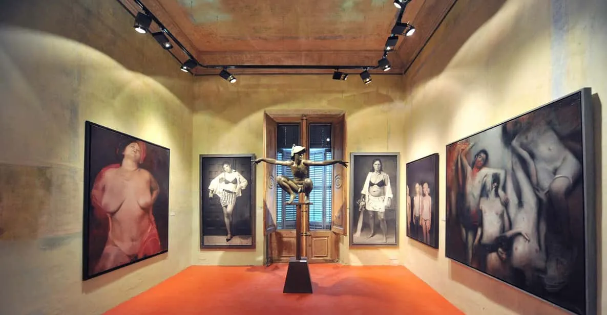 Figurative paintings in a restored palace at MEAM, one of the quieter art museums in Barcelona, Spain