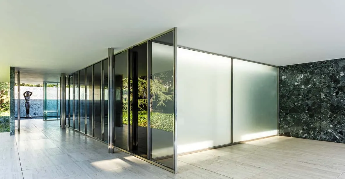 Marble walls and reflecting pool of the Mies van der Rohe Pavilion, among the museums in Barcelona, Spain