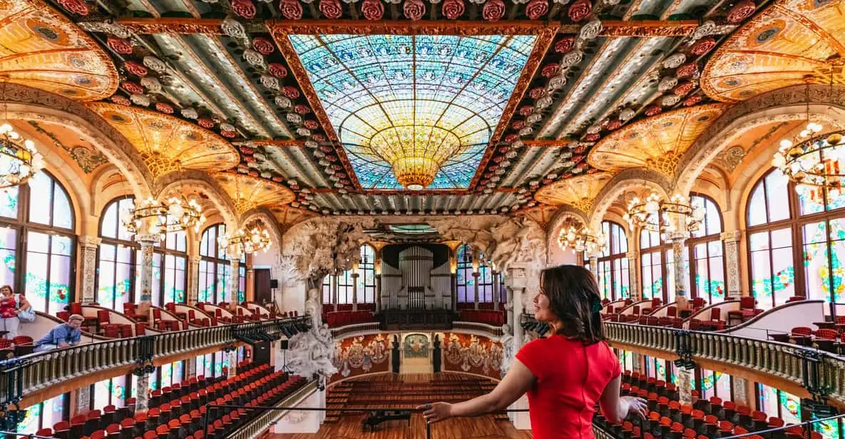 Guided view of the ornate auditorium at Palau de la Música, a Modernista museum in Barcelona, Spain
