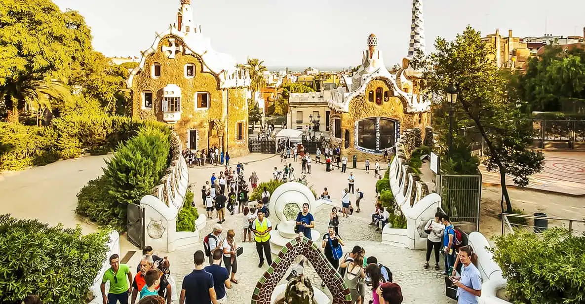 Trencadís mosaic bench and terrace at Park Güell, a top Gaudí site near the museums in Barcelona, Spain