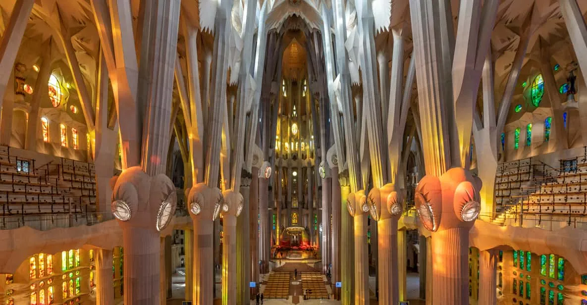 Stained-glass light inside the Sagrada Família basilica, a landmark stop among the museums in Barcelona, Spain