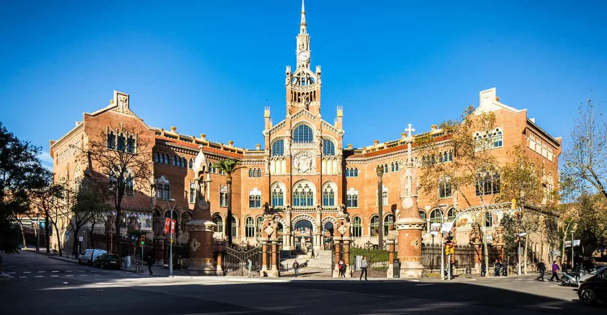 Tiled pavilions and gardens of Sant Pau Recinte Modernista, one of the museums in Barcelona, Spain